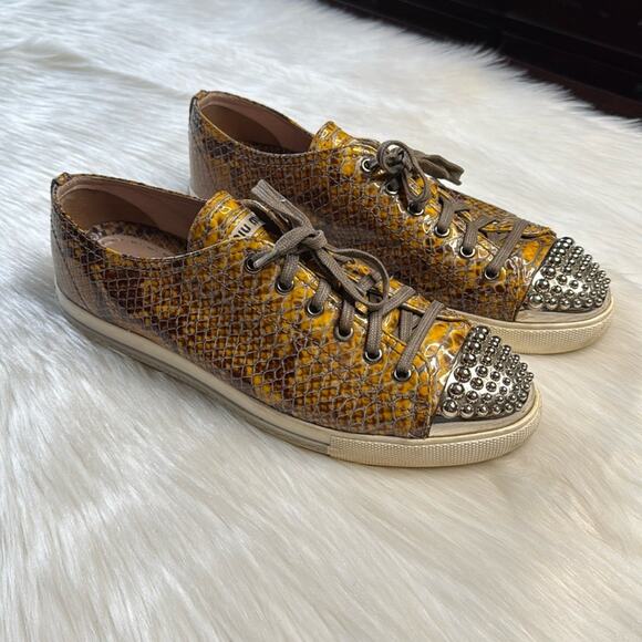 Miu Miu Yellow Python Print Leather Studded Toe Cap Sneakers - Picture 1 of 11